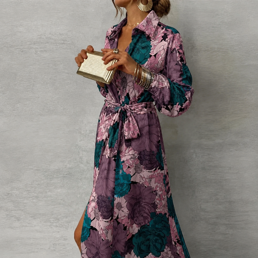 Maxi Abendkleid Damen | Langarm Blumenmuster