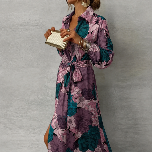 Maxi Abendkleid Damen | Langarm Blumenmuster