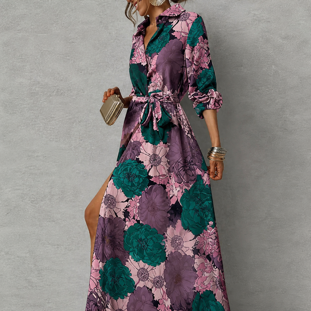 Maxi Abendkleid Damen | Langarm Blumenmuster