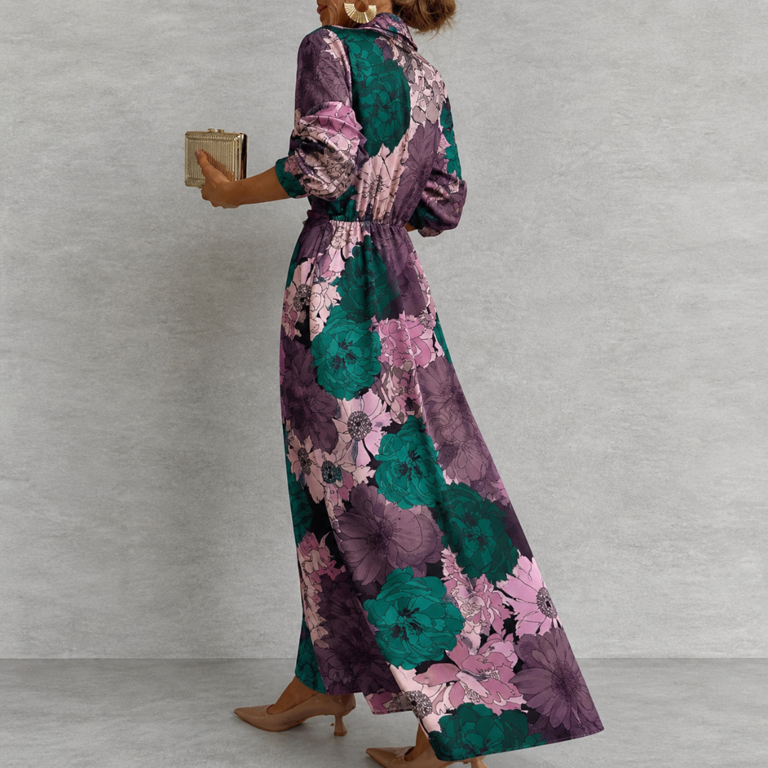 Maxi Abendkleid Damen | Langarm Blumenmuster