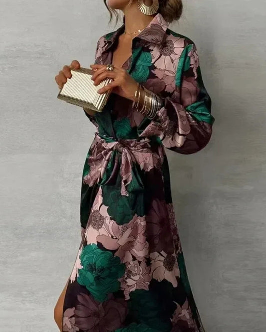 Maxi Abendkleid Damen | Langarm Blumenmuster