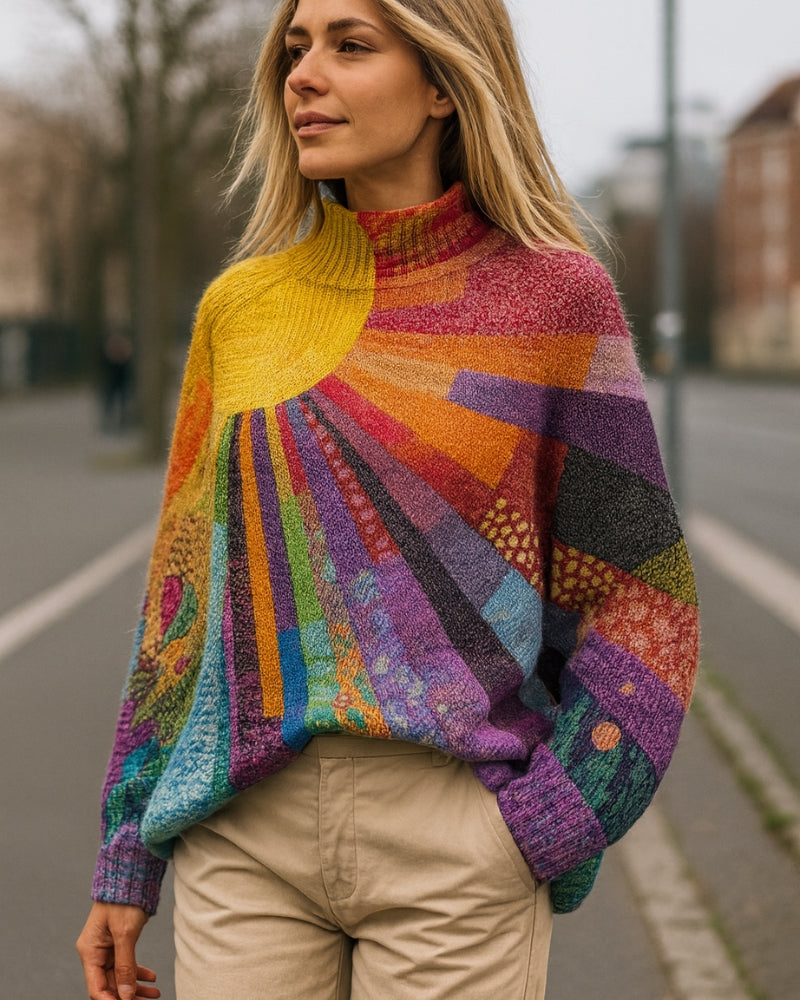 Mehrfarbiger Strickpullover für Damen – Kreativer Look mit Rollkragen