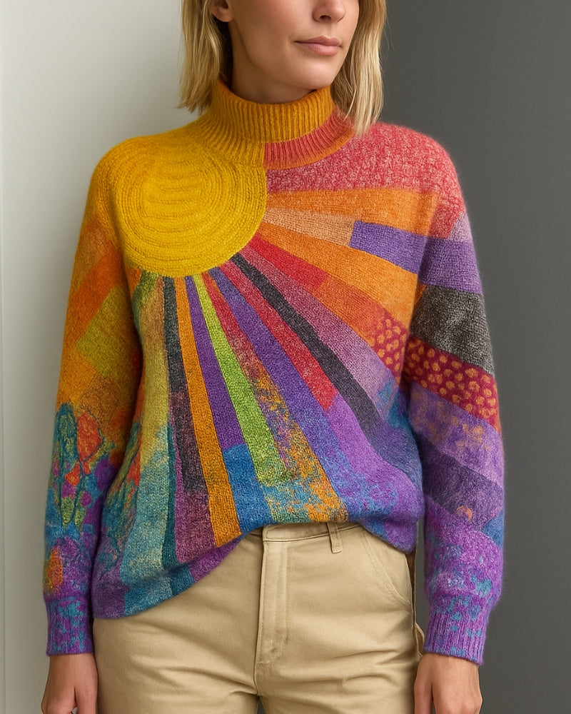 Mehrfarbiger Strickpullover für Damen – Kreativer Look mit Rollkragen