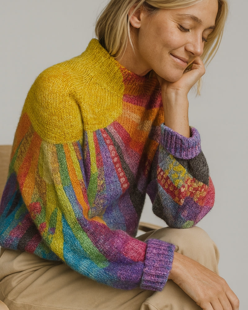 Mehrfarbiger Strickpullover für Damen – Kreativer Look mit Rollkragen