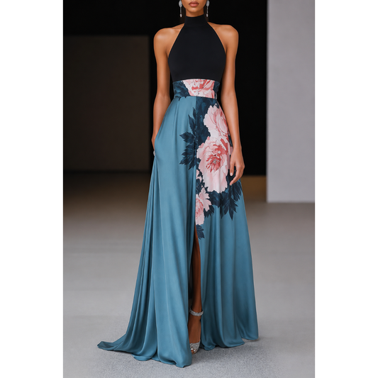 Mia | Damen Maxi Kleid Mit Blumen Print Und Schlitz Für Hochzeit