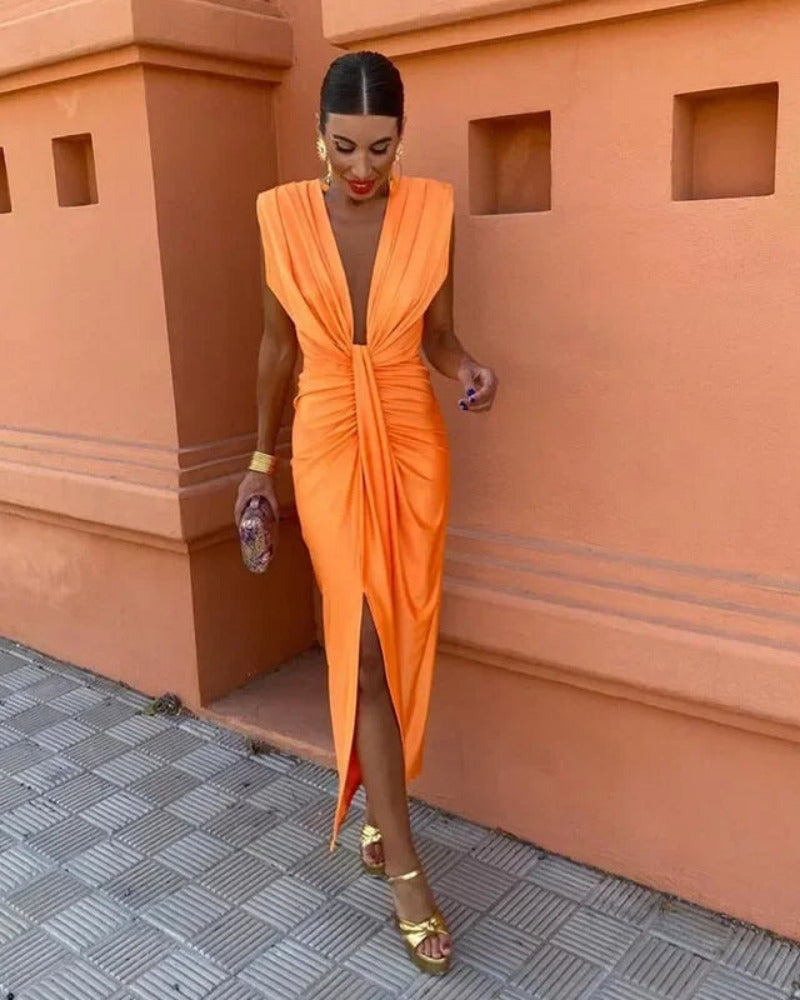 Midi-Abendkleid mit tiefem V-Ausschnitt – Kleid Hochzeitsgast