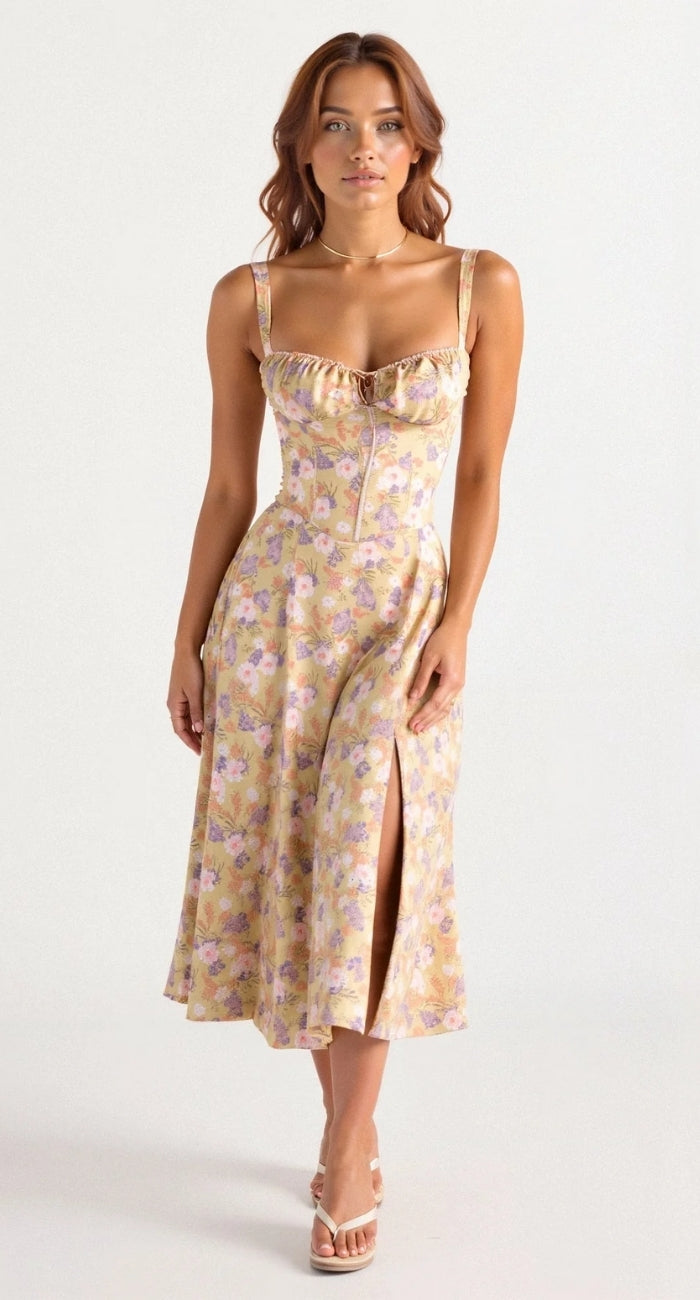 Midi-Kleid im Korsettstil – Spaghettiträger und Schlitz vorne