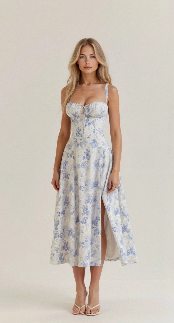Midi-Kleid im Korsettstil – Spaghettiträger und Schlitz vorne