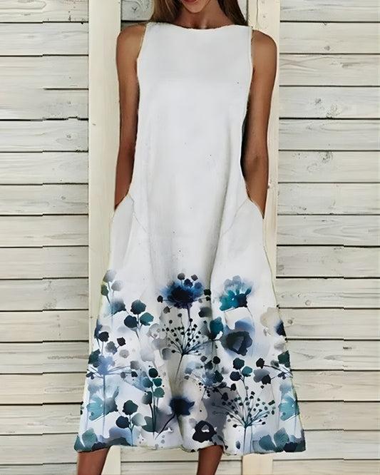 Midi Sommerkleid Damen mit Blumenmuster | Ärmellos