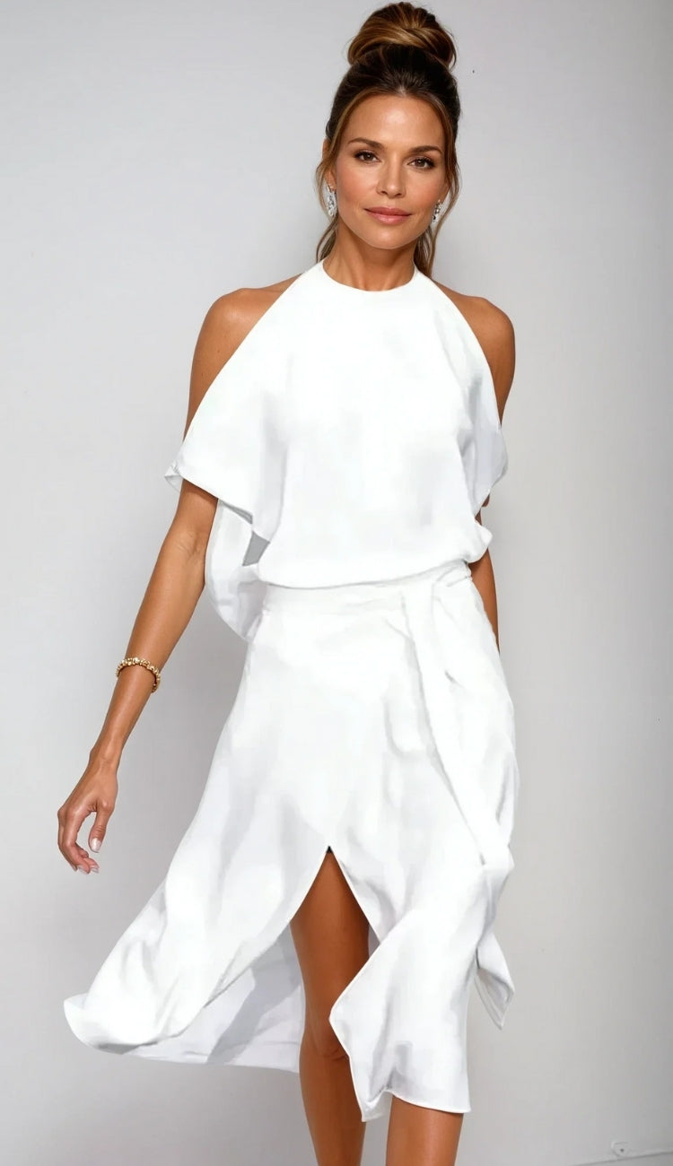 Midikleid mit kalten Schultern - hoch geschlitzt und mit Neckholder