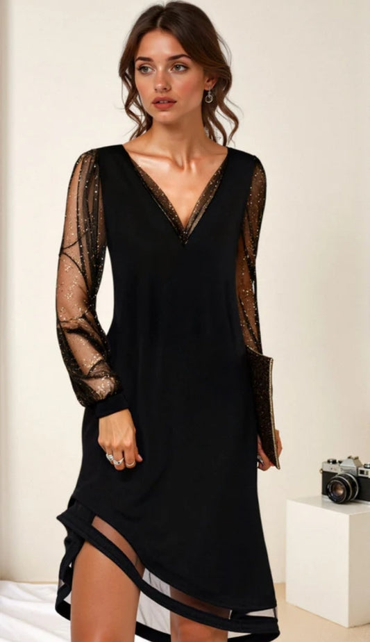 Schwarz Minikleid mit transparenten Ärmeln - V-Ausschnitt Abendstil
