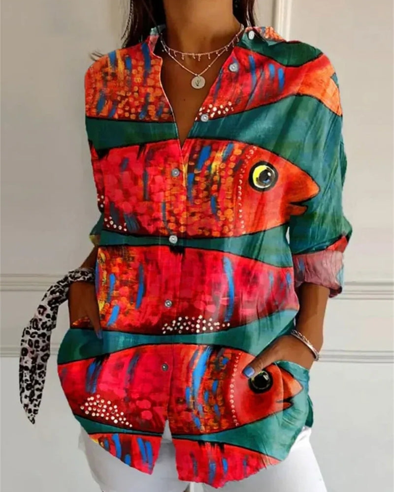 Modern Damen Bluse mit Allover-Print | Langarm