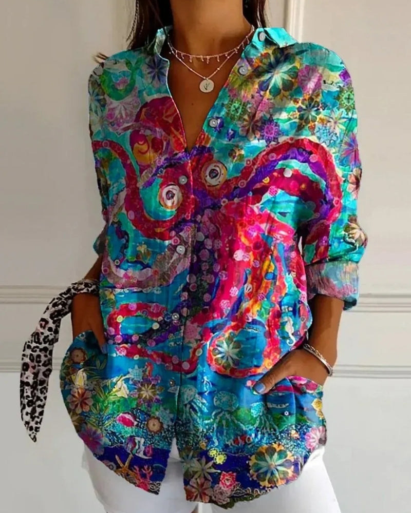 Modern Damen Bluse mit Allover-Print | Langarm