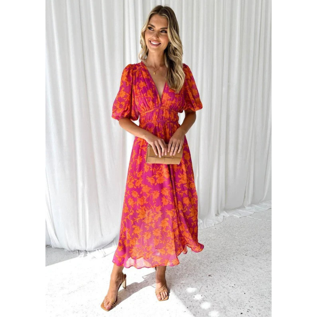 Patricia | Damen Sommerkleid Maxi mit Blumenmuster und V-Ausschnitt