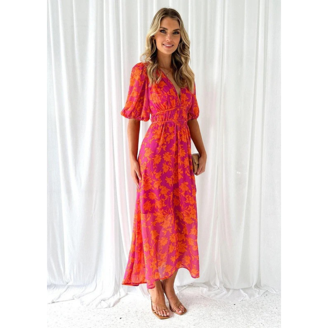 Patricia | Damen Sommerkleid Maxi mit Blumenmuster und V-Ausschnitt