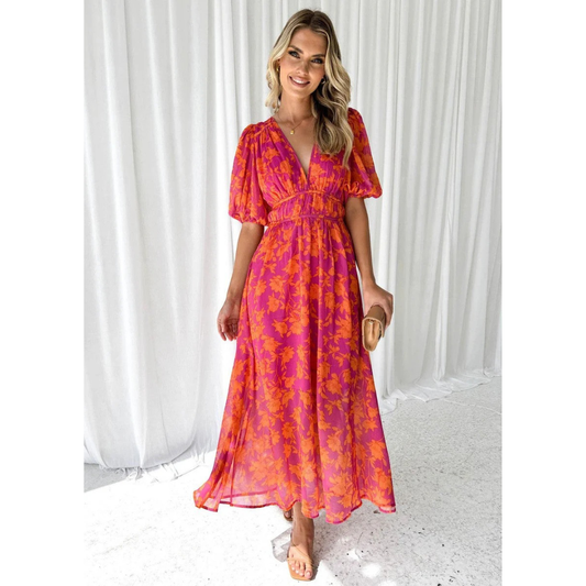 Patricia | Damen Sommerkleid Maxi mit Blumenmuster und V-Ausschnitt