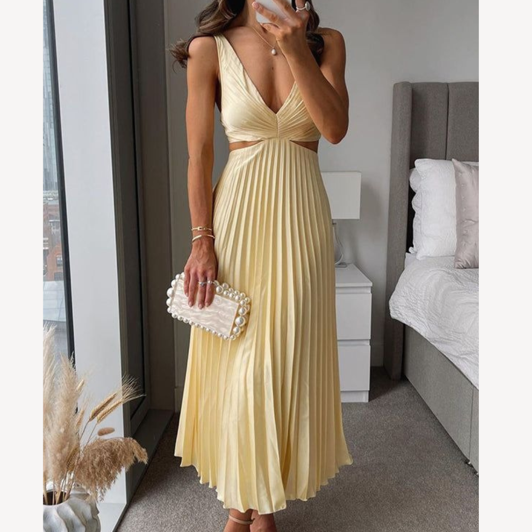 Plissiertes Abendkleid – Damen Elegantes Midikleid mit Langem V-Ausschnitt