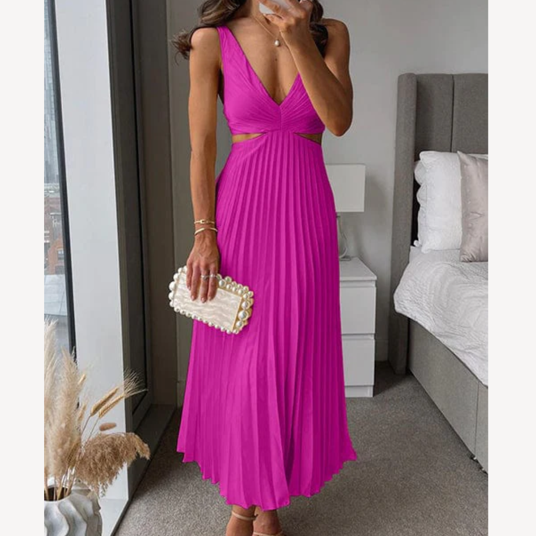 Plissiertes Abendkleid – Damen Elegantes Midikleid mit Langem V-Ausschnitt