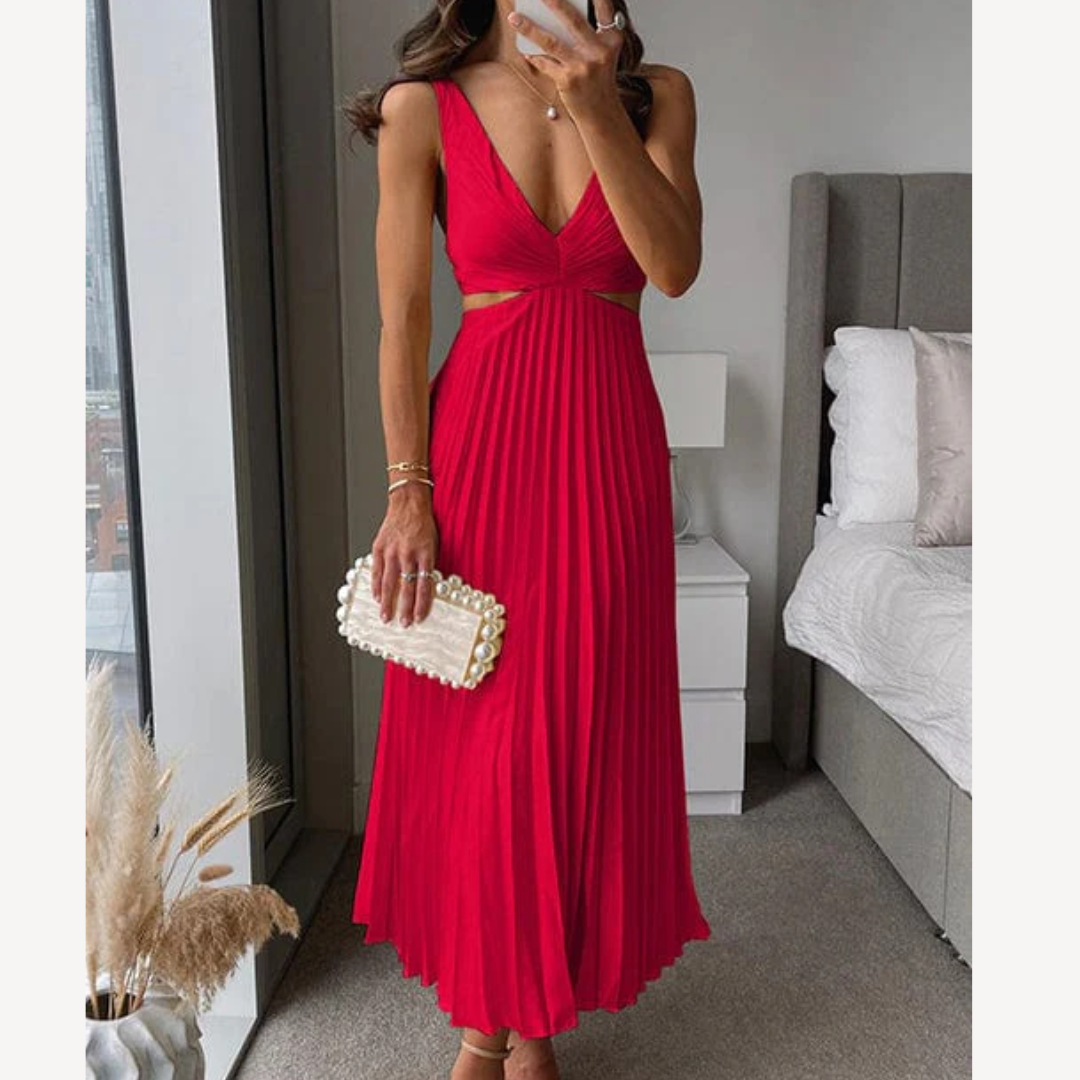 Plissiertes Abendkleid – Damen Elegantes Midikleid mit Langem V-Ausschnitt