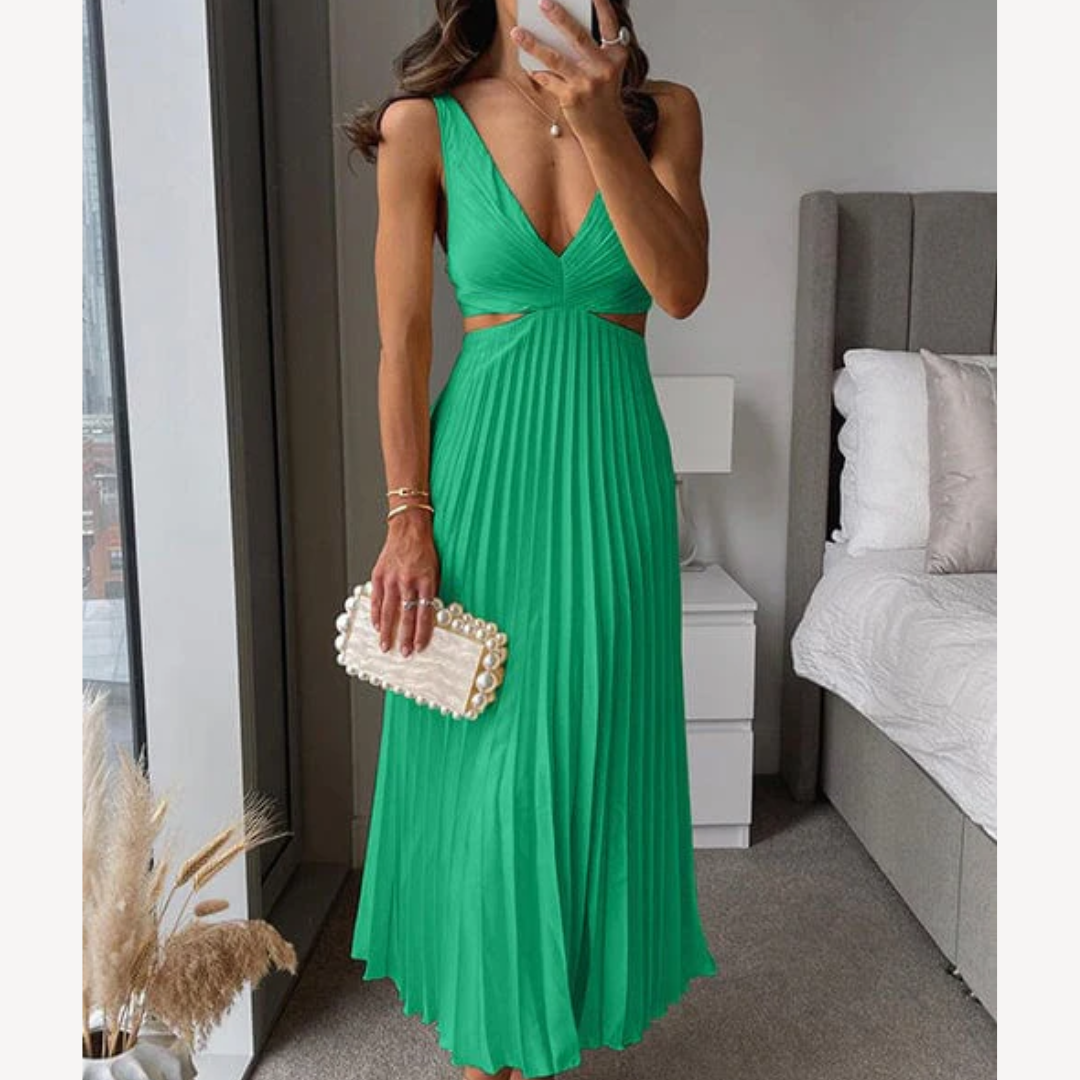 Plissiertes Abendkleid – Damen Elegantes Midikleid mit Langem V-Ausschnitt