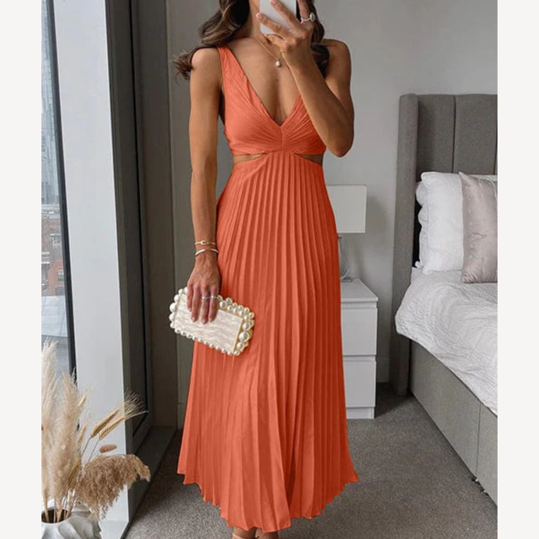 Plissiertes Abendkleid – Damen Elegantes Midikleid mit Langem V-Ausschnitt