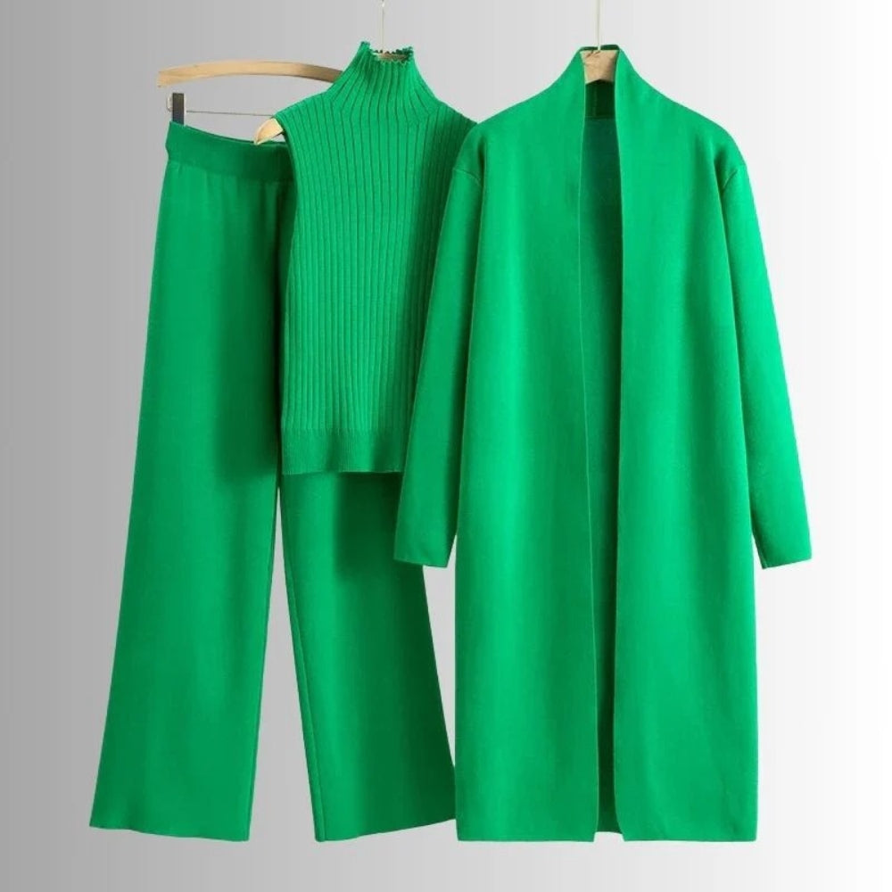 Dreiteiliges Damen-Set – Strickjacke, Top und Hose