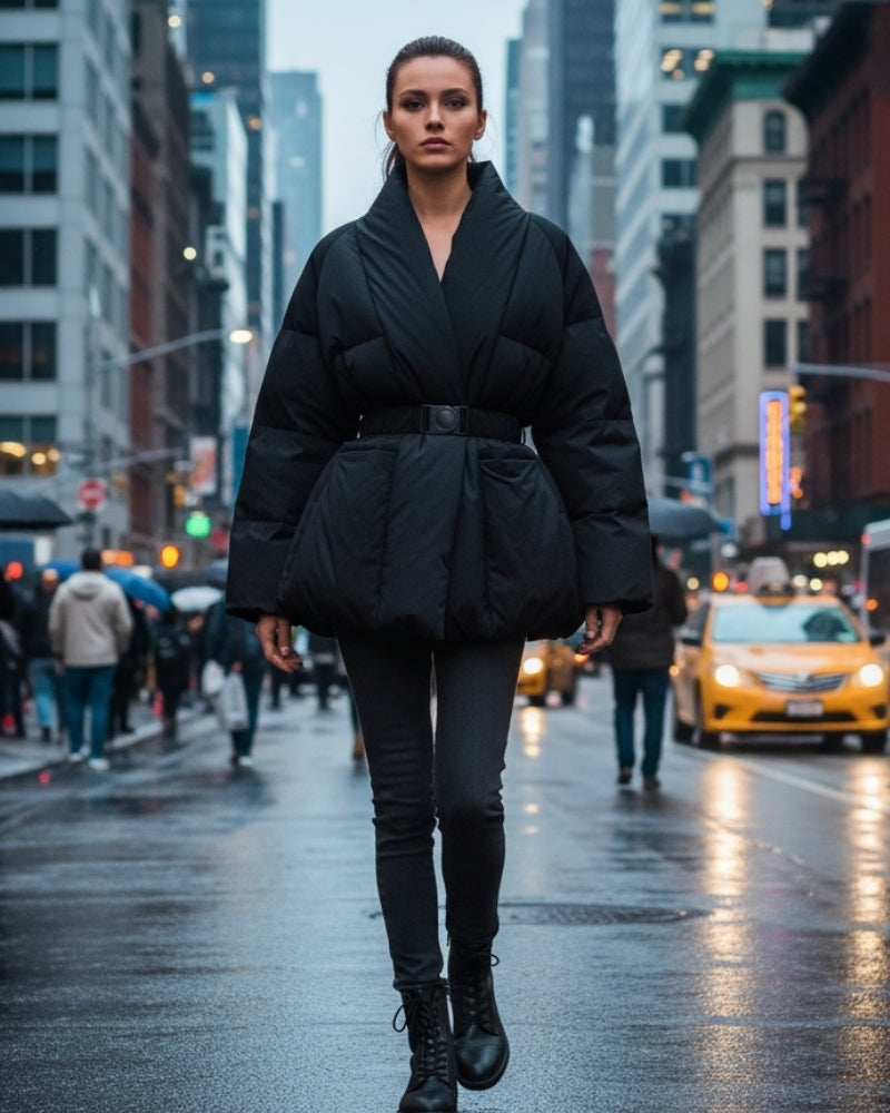 Puffer Winterjacke Mantel Damen – Taillierter Gürtelmantel mit Kragen für den Winter