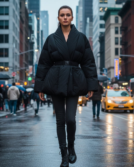 Puffer Winterjacke Mantel Damen – Taillierter Gürtelmantel mit Kragen für den Winter