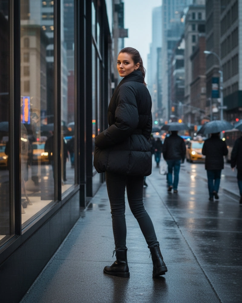 Puffer Winterjacke Mantel Damen – Taillierter Gürtelmantel mit Kragen für den Winter