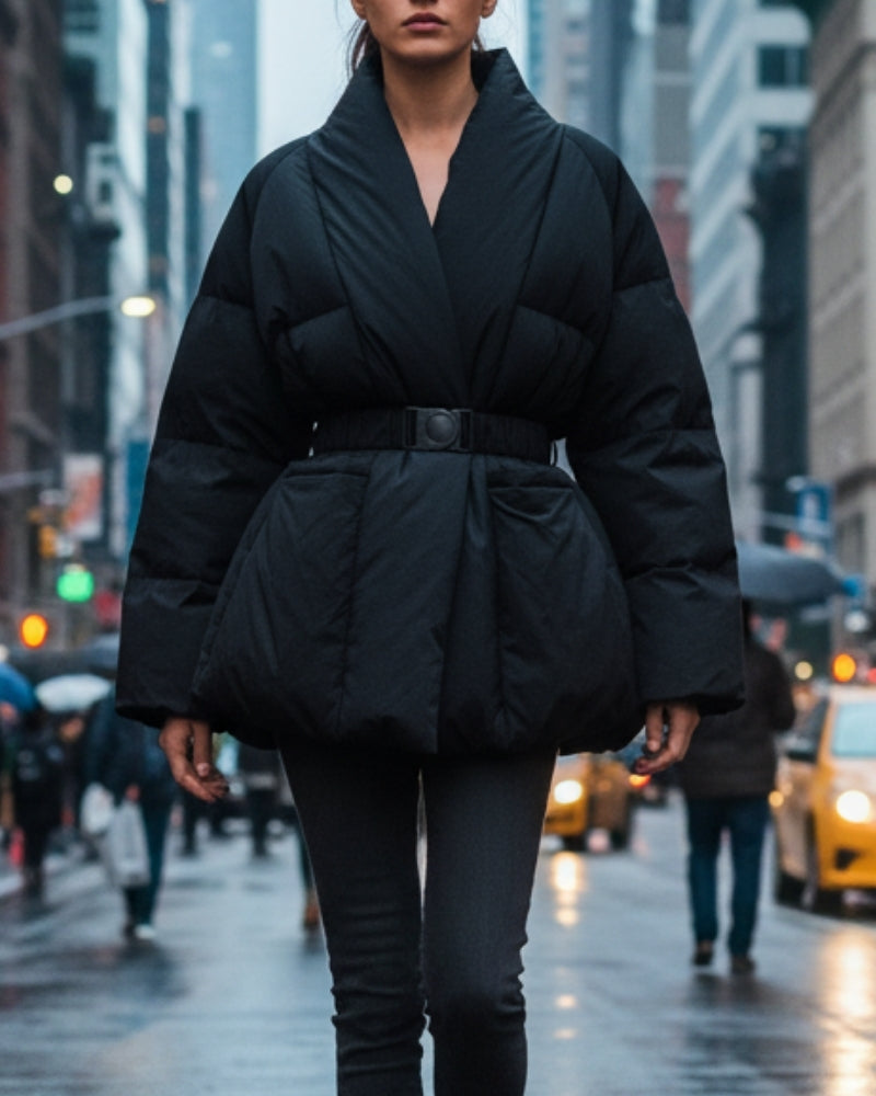 Puffer Winterjacke Mantel Damen – Taillierter Gürtelmantel mit Kragen für den Winter