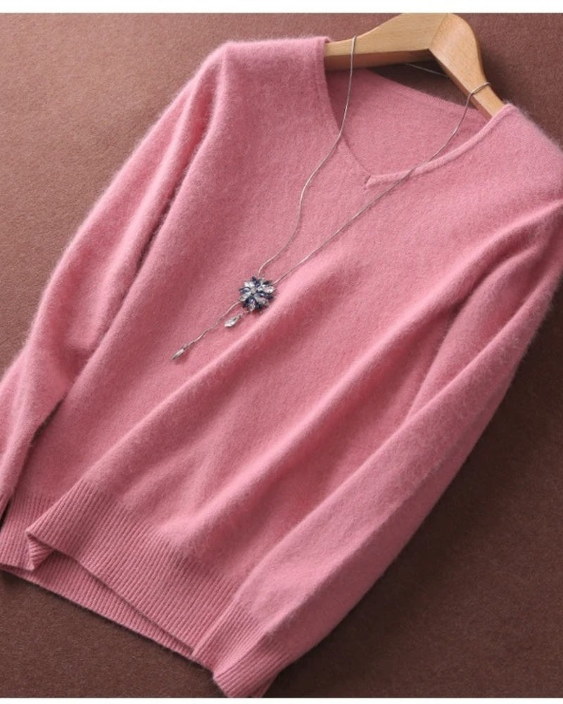 Pullover Damen 100% Mink Kaschmir – V-Ausschnitt Strickpullover für Herbst und Winter