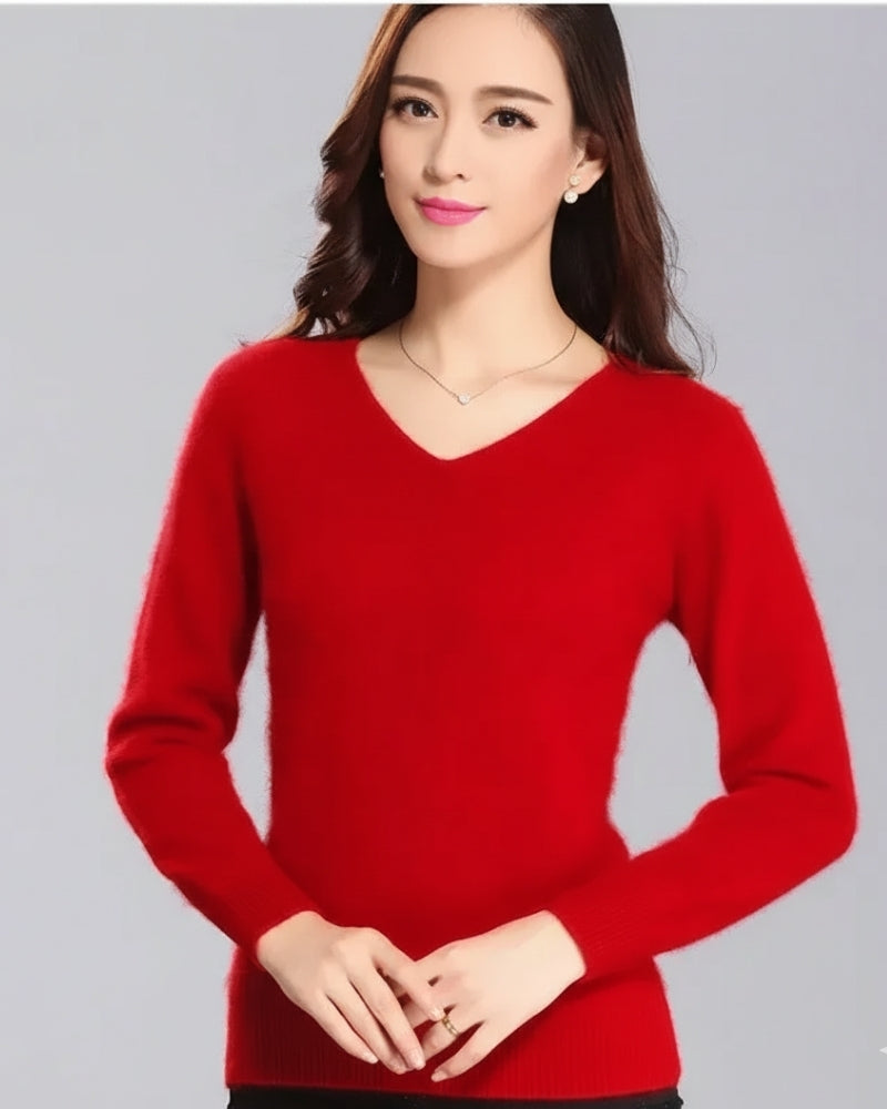 Pullover Damen 100% Mink Kaschmir – V-Ausschnitt Strickpullover für Herbst und Winter