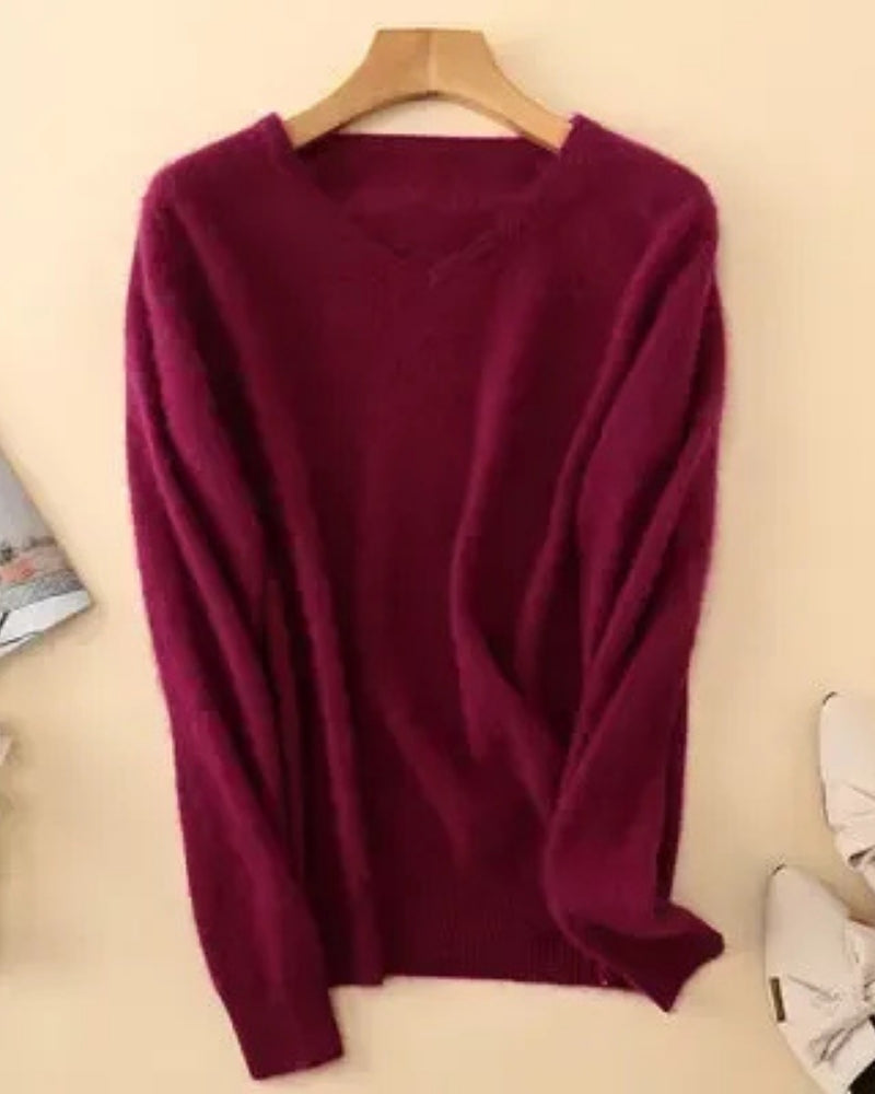 Pullover Damen 100% Mink Kaschmir – V-Ausschnitt Strickpullover für Herbst und Winter