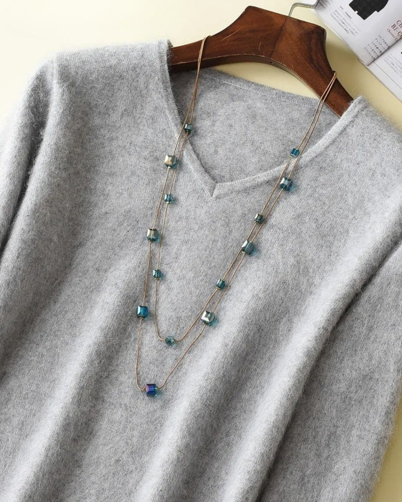 Pullover Damen 100% Mink Kaschmir – V-Ausschnitt Strickpullover für Herbst und Winter