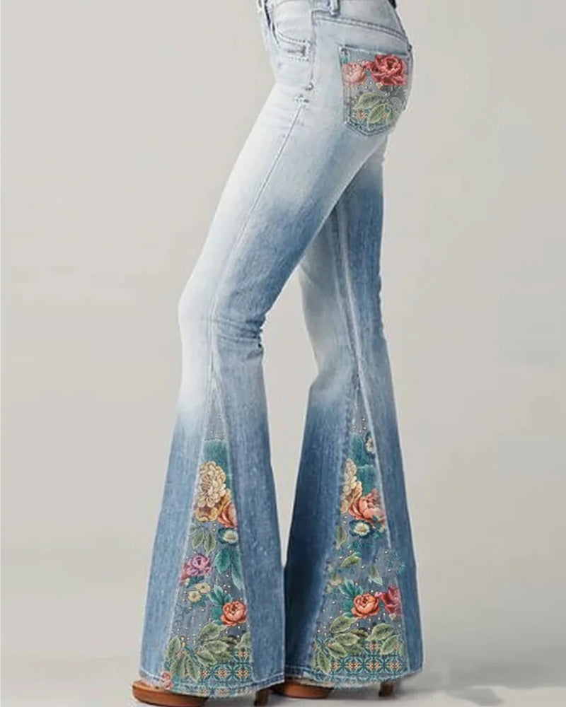 Retro Damen florale Jeans-Schlaghose mit hohem Bund | Ausgestelltes Bein