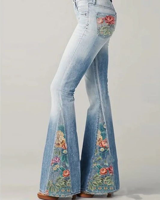Retro Damen florale Jeans-Schlaghose mit hohem Bund | Ausgestelltes Bein