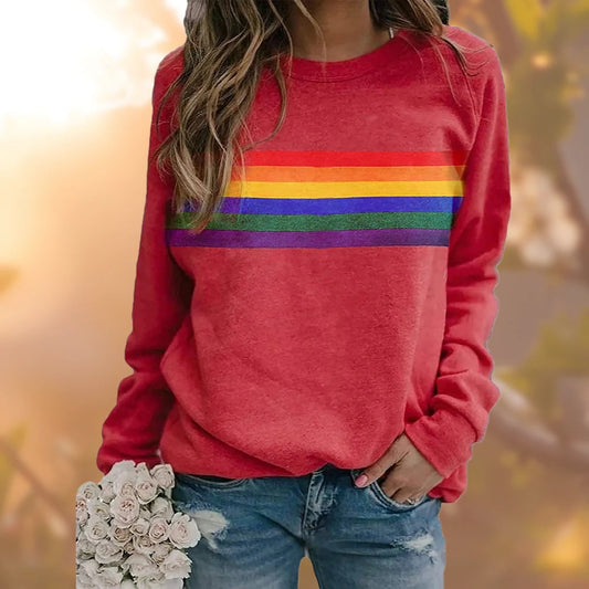 Retro-Regenbogen-Pullover - Weiches Langarm-Top mit gerippten Abschlüssen