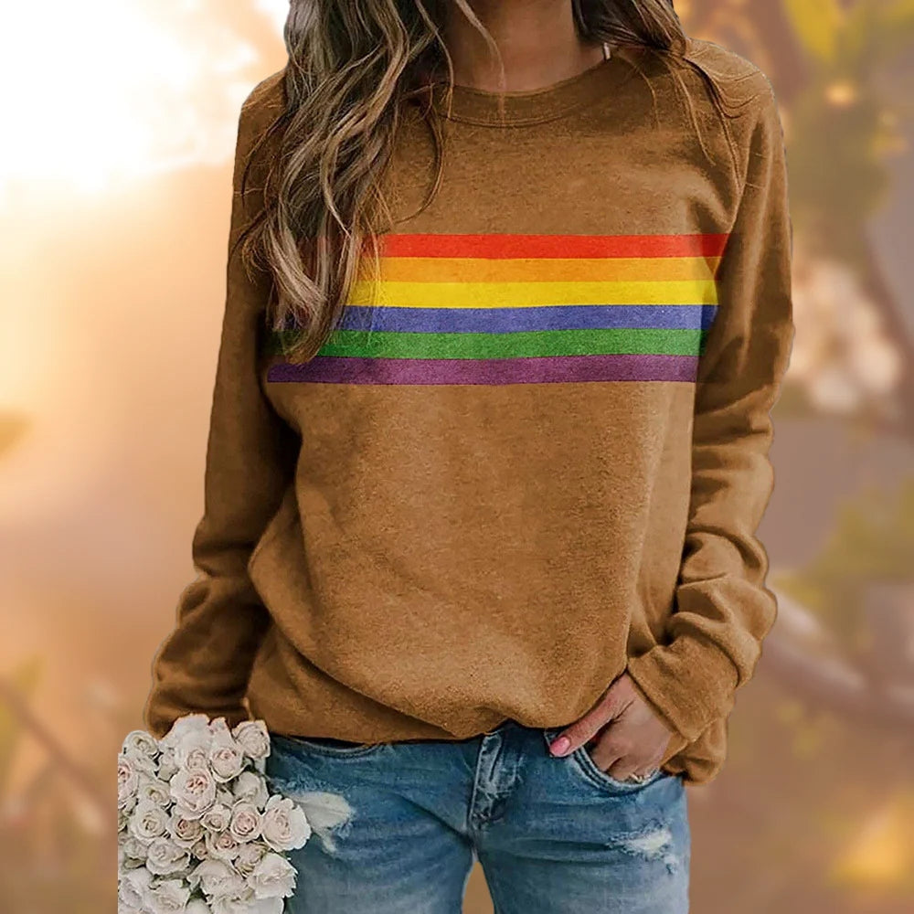 Retro-Regenbogen-Pullover - Weiches Langarm-Top mit gerippten Abschlüssen
