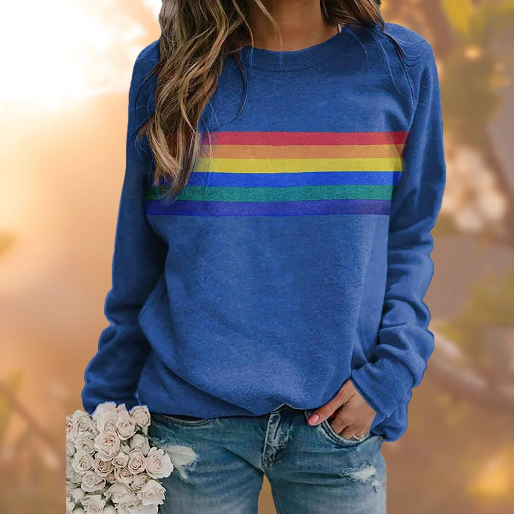 Retro-Regenbogen-Pullover - Weiches Langarm-Top mit gerippten Abschlüssen