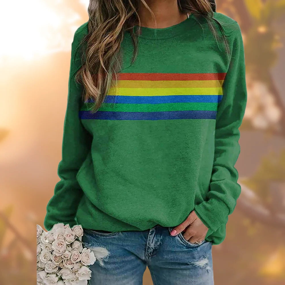 Retro-Regenbogen-Pullover - Weiches Langarm-Top mit gerippten Abschlüssen