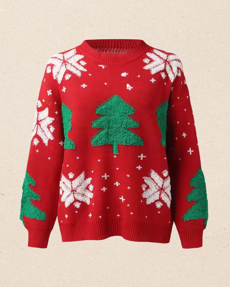 Roter Pullover mit Weihnachtsbaum-Motiv – Festlicher Strick für Damen