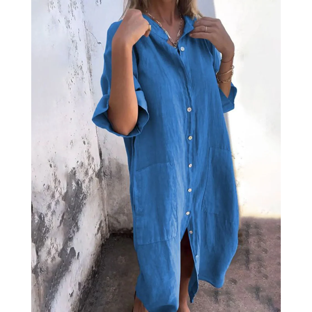 Samara | Damen Maxikleid Boho Langarm Sommer Knöpfe