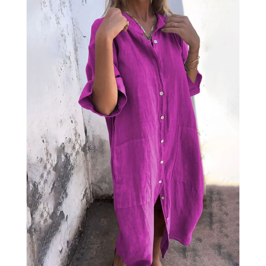Samara | Damen Maxikleid Boho Langarm Sommer Knöpfe