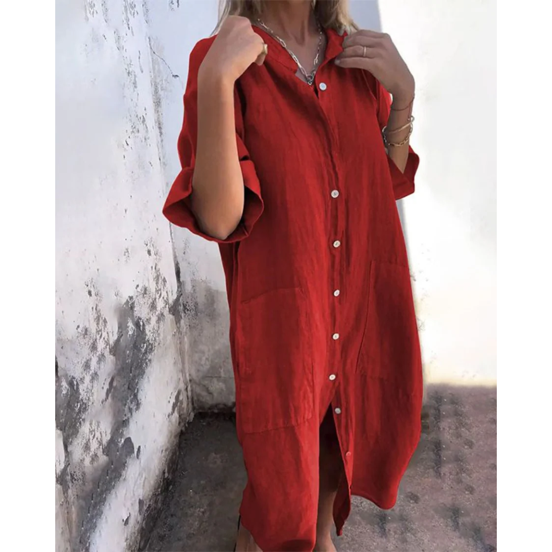 Samara | Damen Maxikleid Boho Langarm Sommer Knöpfe