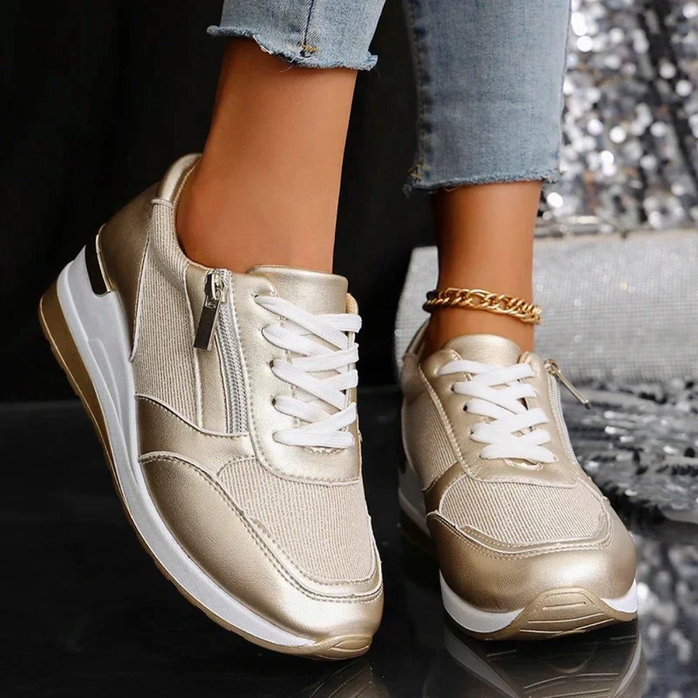 Schuhe in Metallic-Optik für Frauen – Leichtgewichtig mit Schnürung und Reißverschluss