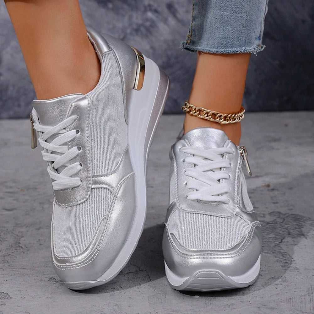Schuhe in Metallic-Optik für Frauen – Leichtgewichtig mit Schnürung und Reißverschluss