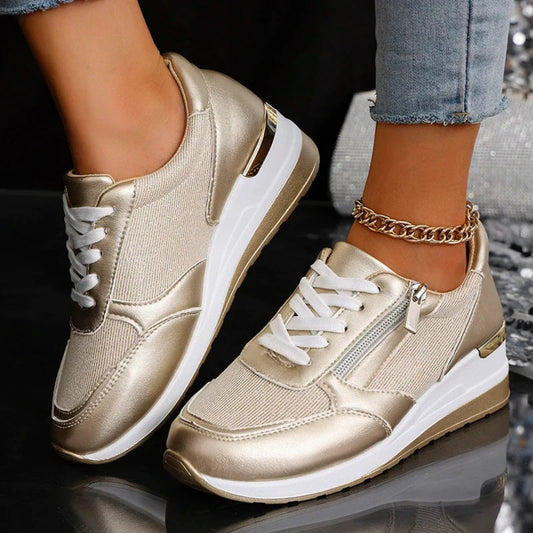 Schuhe in Metallic-Optik für Frauen – Leichtgewichtig mit Schnürung und Reißverschluss