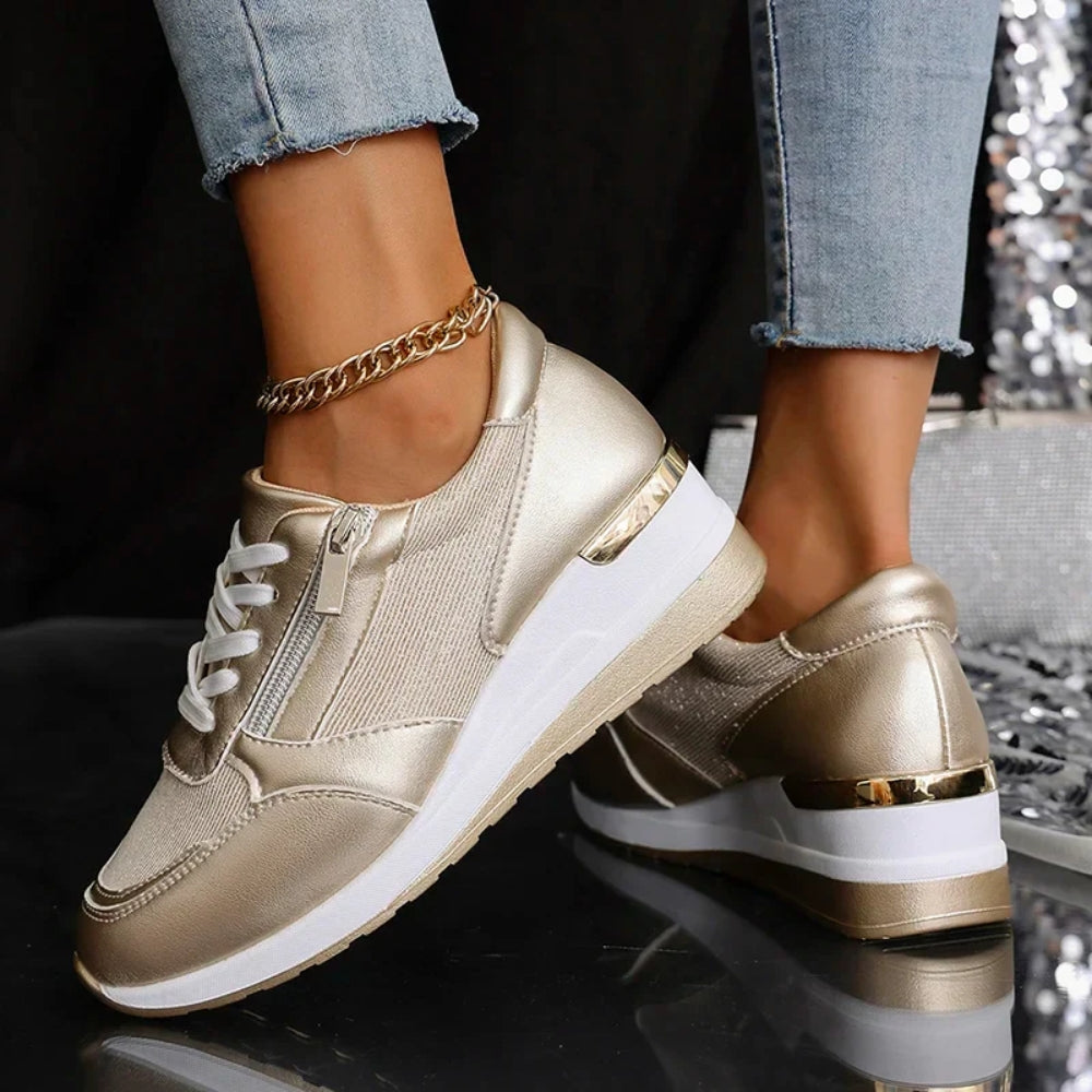 Schuhe in Metallic-Optik für Frauen – Leichtgewichtig mit Schnürung und Reißverschluss