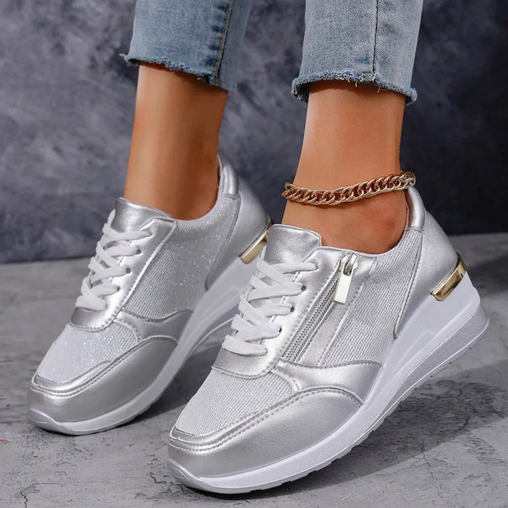 Schuhe in Metallic-Optik für Frauen – Leichtgewichtig mit Schnürung und Reißverschluss