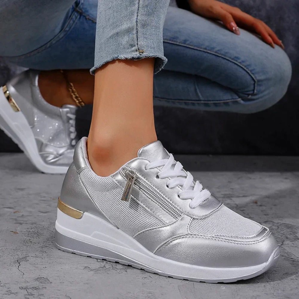 Schuhe in Metallic-Optik für Frauen – Leichtgewichtig mit Schnürung und Reißverschluss